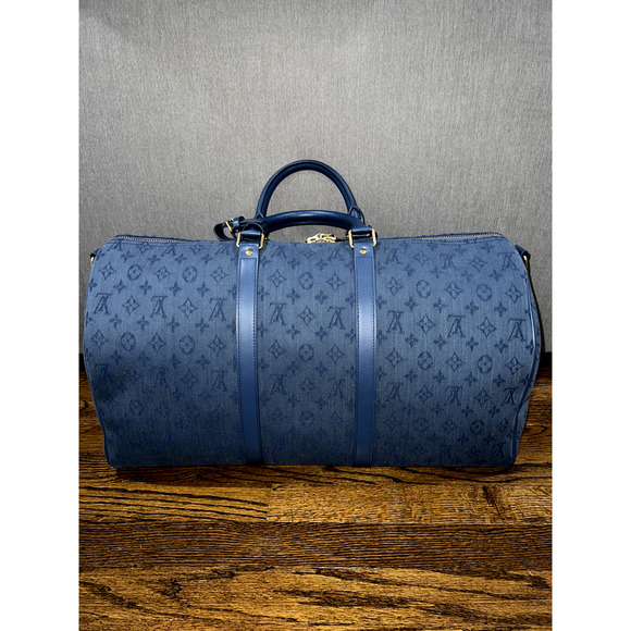 Louis Vuitton Keepall Bandouliere 50 Denim Blue Monogram Logo Weekend Travel Bag - Picture 5 of 10